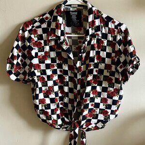 Spencer's Checkerboard and Roses Collared Tie Blouse Size Medium